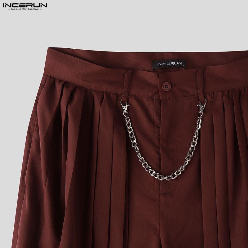 INCERUN Мужские брюки с молнией спереди, многослойные, однотонные, повседневные, длинные, плиссированные