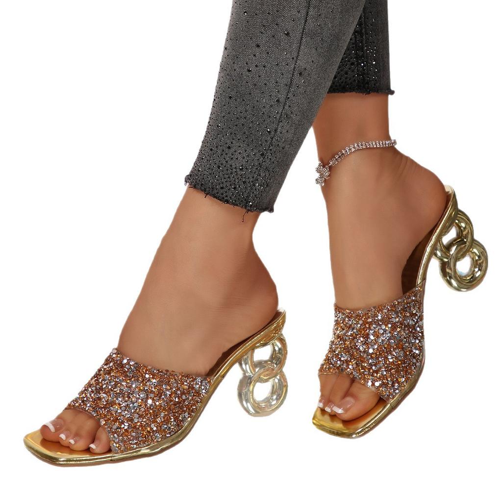 Fashion Elegant Ladies Gold Glitter High Heels Sandals Women Summer 2025 Party Wedding Mules Shoes Woman Square Toe Plus Size Slippers