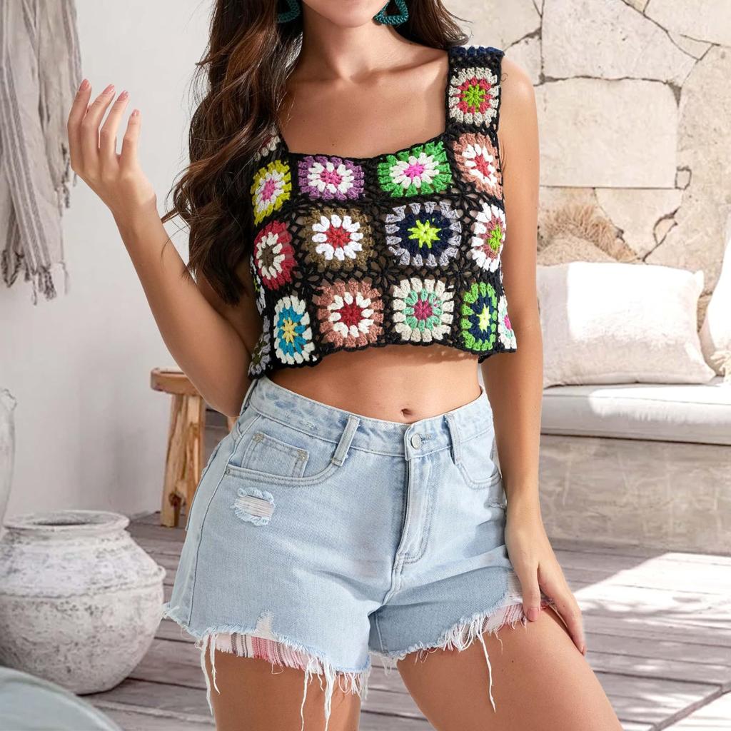 Женская ручная вышивка крючком, полая трикотажная майка, женская короткая майка для пляжного отдыха, без рукавов