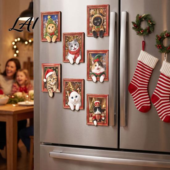 Decorative Fridge Magnets Cute Cat Refrigerator Magnets Christmas Kitty Magnetic Photo Frame Vintage Art Gifts Retro Office Filing Cabinet