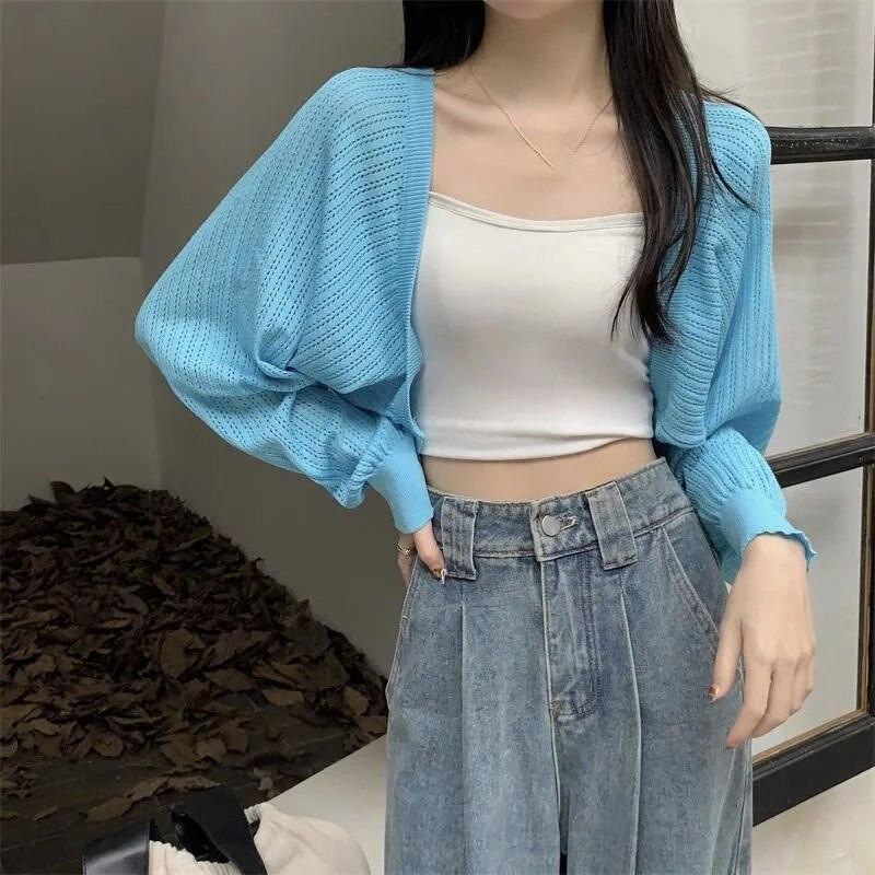 White Hollowed Out Knitted Cardigan Sweet Versatile Women Short Top Loose Shawl Thin Coat New Fashion Commuting Spring Autumn