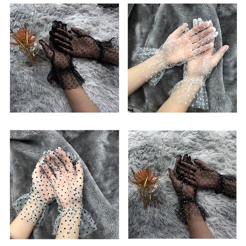 Pair Grace Autumn Summer Women Short Tulle Gloves Stretchy Lace Spots Lotus