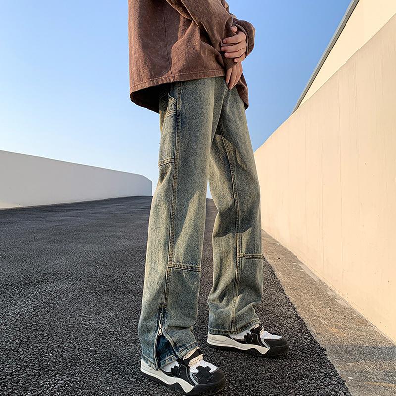 Мужские джинсы с эффектом стирки, свободные прямые брюки-клеш с разрезом, уличный стиль, брюки в пол