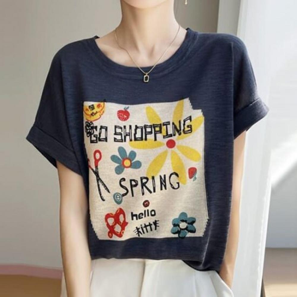 Navava Women Flower Print Short Sleeve Knit Tee Nk2994