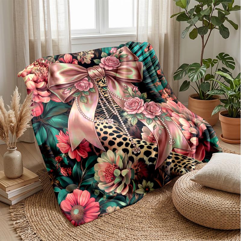 Floral Leopard Ribbon Theme blanket Lightweight Warm Flannel Blanket Decorative Throw Blanket for Home Decoration