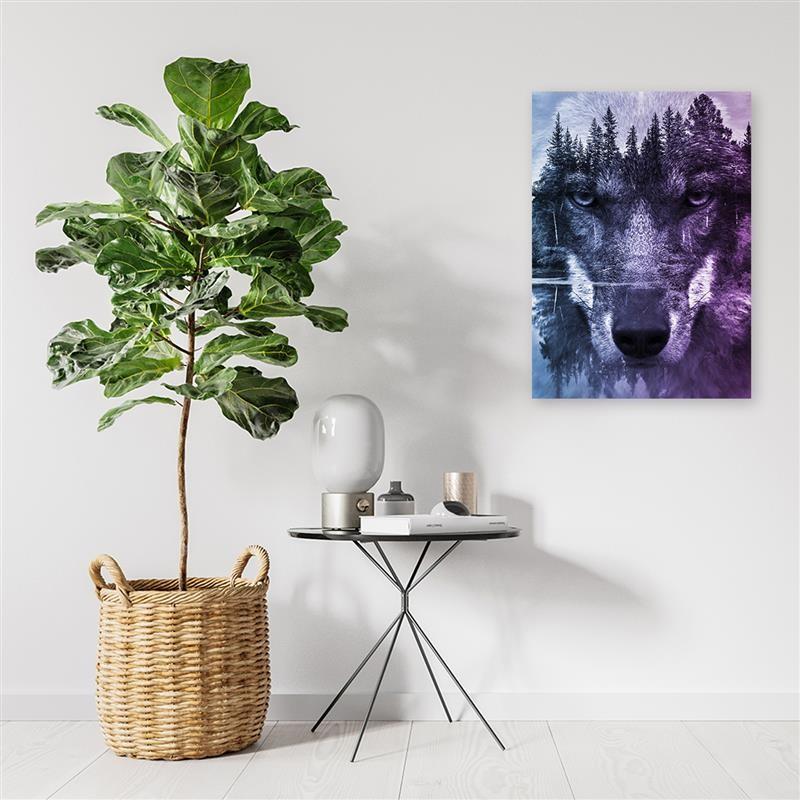 Печать на холсте, абстрактный волк на фоне леса и озера