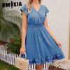 Women's Spring and Summer New Products Waist V-neck Dress Vacation Casual Short-sleeved Slim Dress