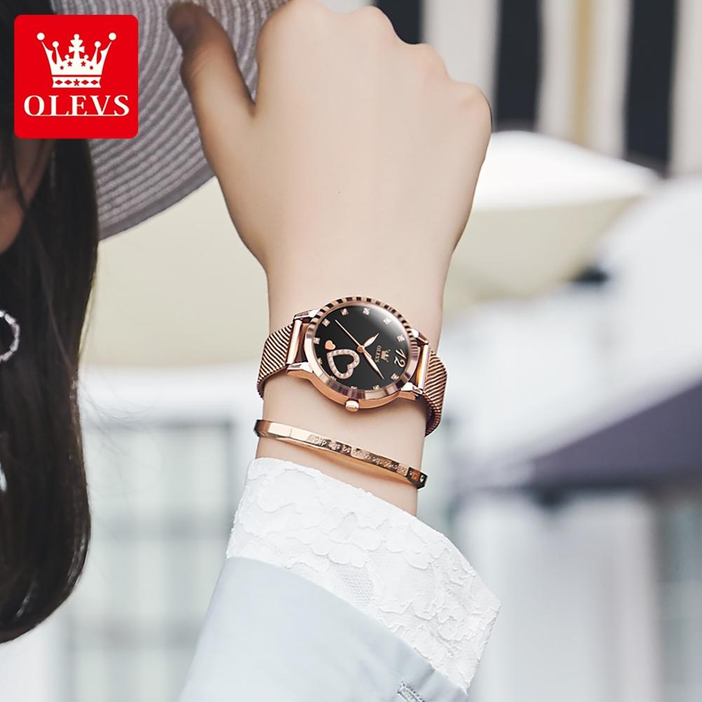OLEVS 5189 Women's Watch Quartz Wristwatch Casual Fashion Watch for Ladies Waterproof Luminous Mesh Belt Love Dial Zircon Scale
