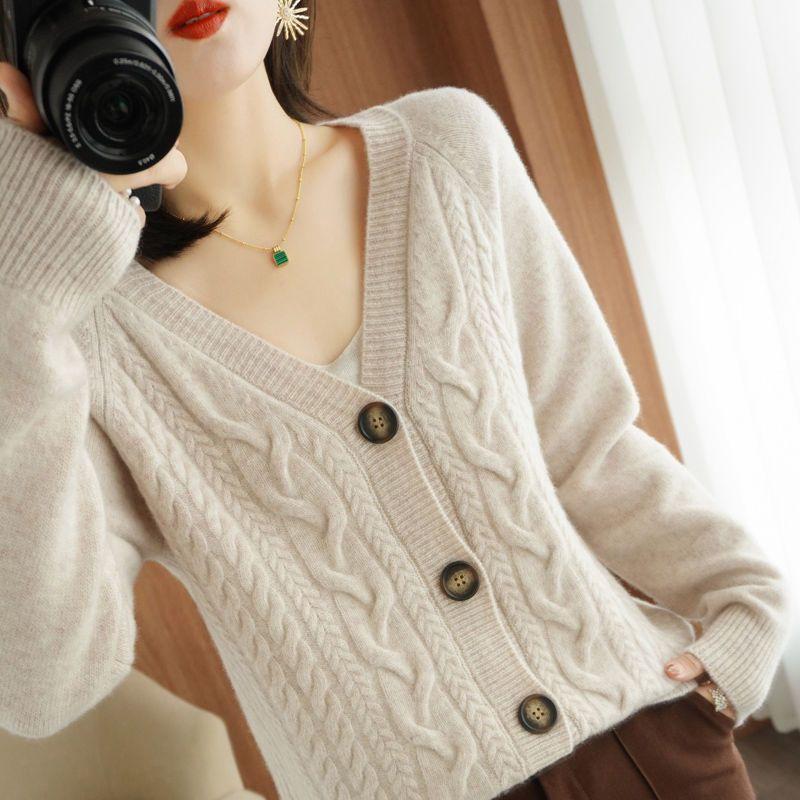Sweater Fried Dough Twist Cardigan Women 2022 Casual Solid V-neck Loose Long Sleeve Knitting Cardigan Women Coat Tops