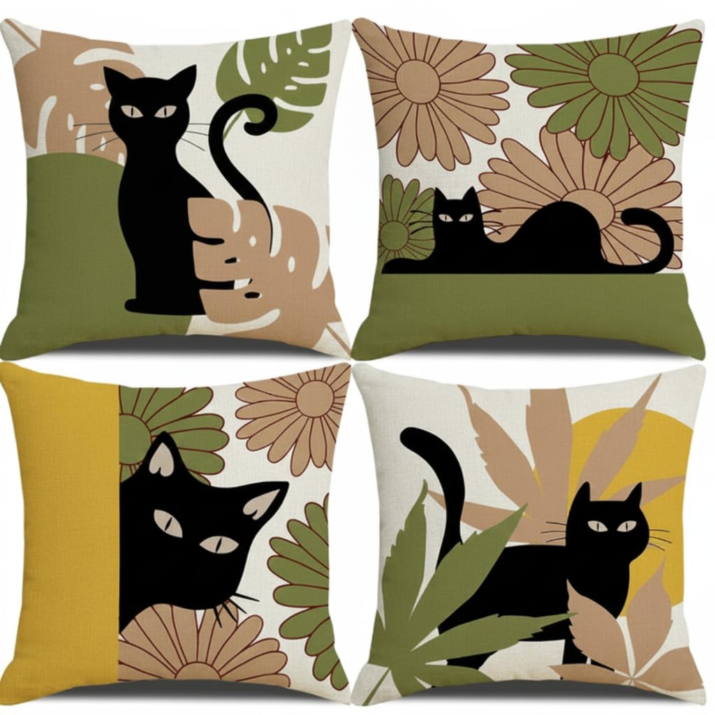 4Pcs Black Cat Daisy Flower Printed Pillow Cover Polyester Cushion Case 2D Flat Printing Pillowcase Cute Home Decor Cat Fan Gift