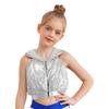 Sleeveless Backless Hooded Crop Top for Girls: Front Zipper Sparkling Sequins Dancewear for Hip-Hop Jazz Performance