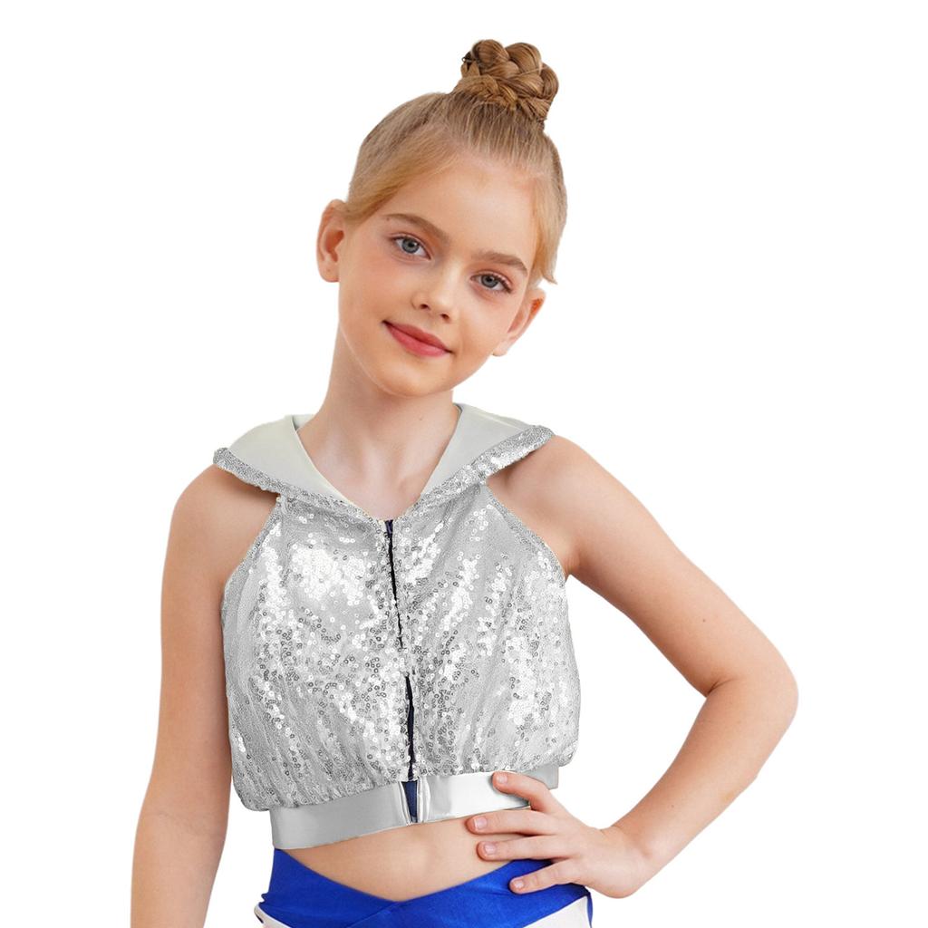 Sleeveless Backless Hooded Crop Top for Girls: Front Zipper Sparkling Sequins Dancewear for Hip-Hop Jazz Performance
