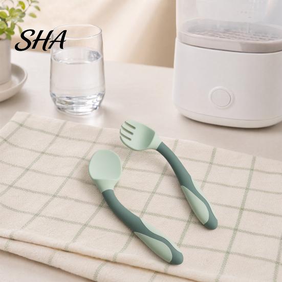 Baby Feeding Aid Fork Spoon Training And Set, Flexible Non-Slip Utensils, Rounded Toddler Utensils Edges Self-Feeding Tools, for Left/Right