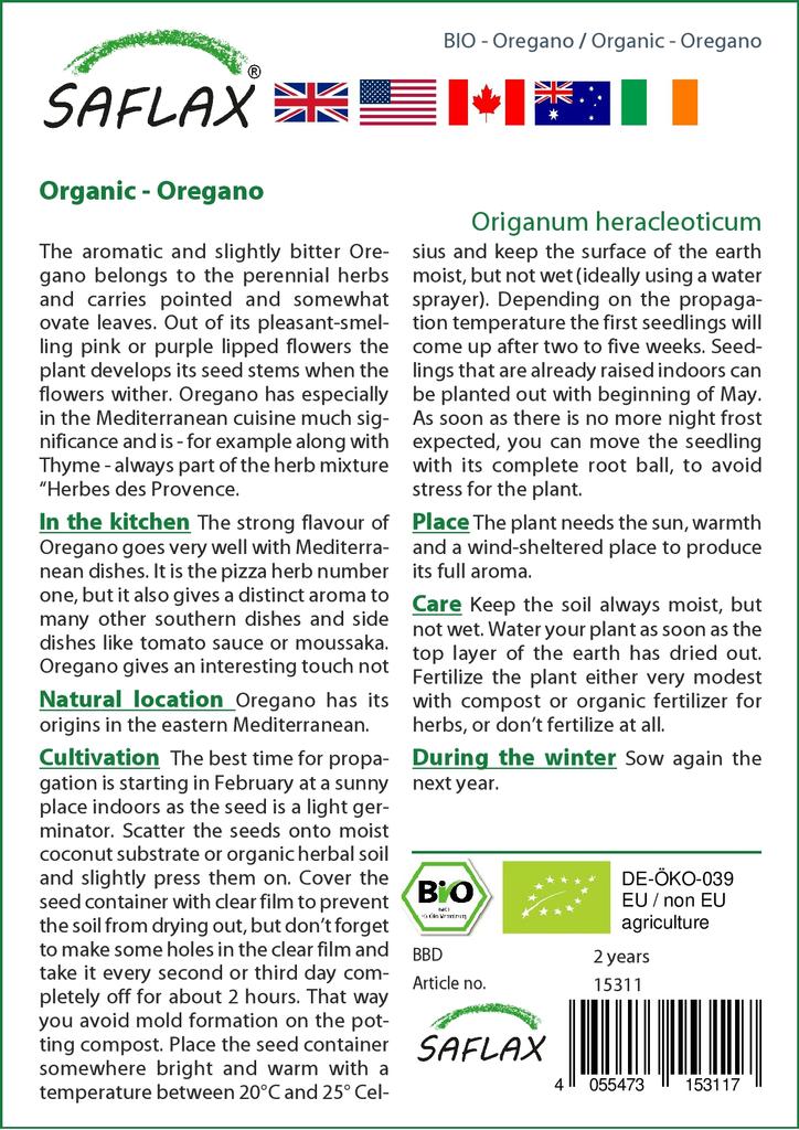 SAFLAX Garden in the Bag - Органический - Орегано - 1500 семян - С субстратом в подходящем мешке - Origanum heracleoticum