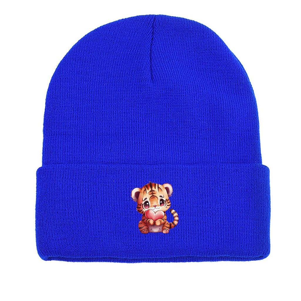 Cute Tiger Heart Warm Knitted Cap Beanie, Animal Woman Cap Lightweight Slouchy Casual Bonnet Knit Hat Beanie