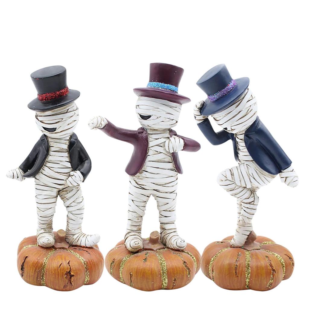 3pcs Mummy Dancing On The Pumpkin Halloween Resin Decorations Mummy Statues Party Holiday Decorations Figurines Gift