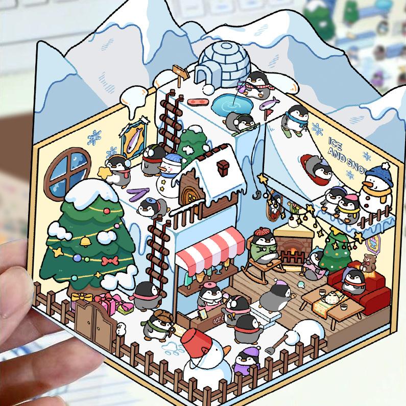 Cartoon Landscape Stickers Multiple Miniature World 3D Hut Unzip DIY Scene Manual Post