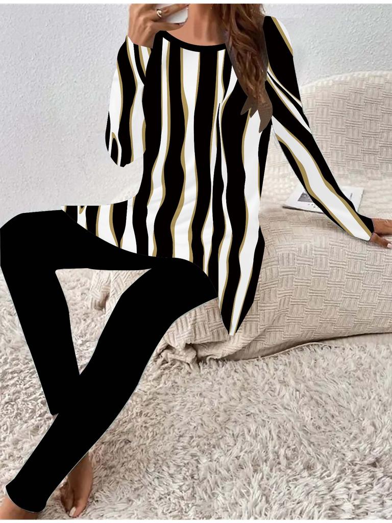 Евро-американская мода 3D Геометрический принт Женский Четырехсезонный Комплект из футболки с длинным рукавом + длинных брюк. Идеальный подарок на Новый год и Рождество