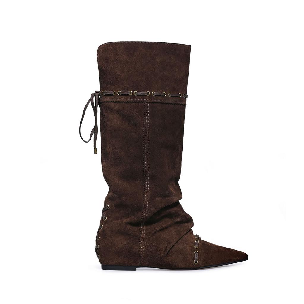 Модные замшевые кожаные ботильоны с острым носком, дизайн со шнуровкой, плиссированные, увеличивающие рост женские ботинки, ковбойские ботинки в западном стиле 2025