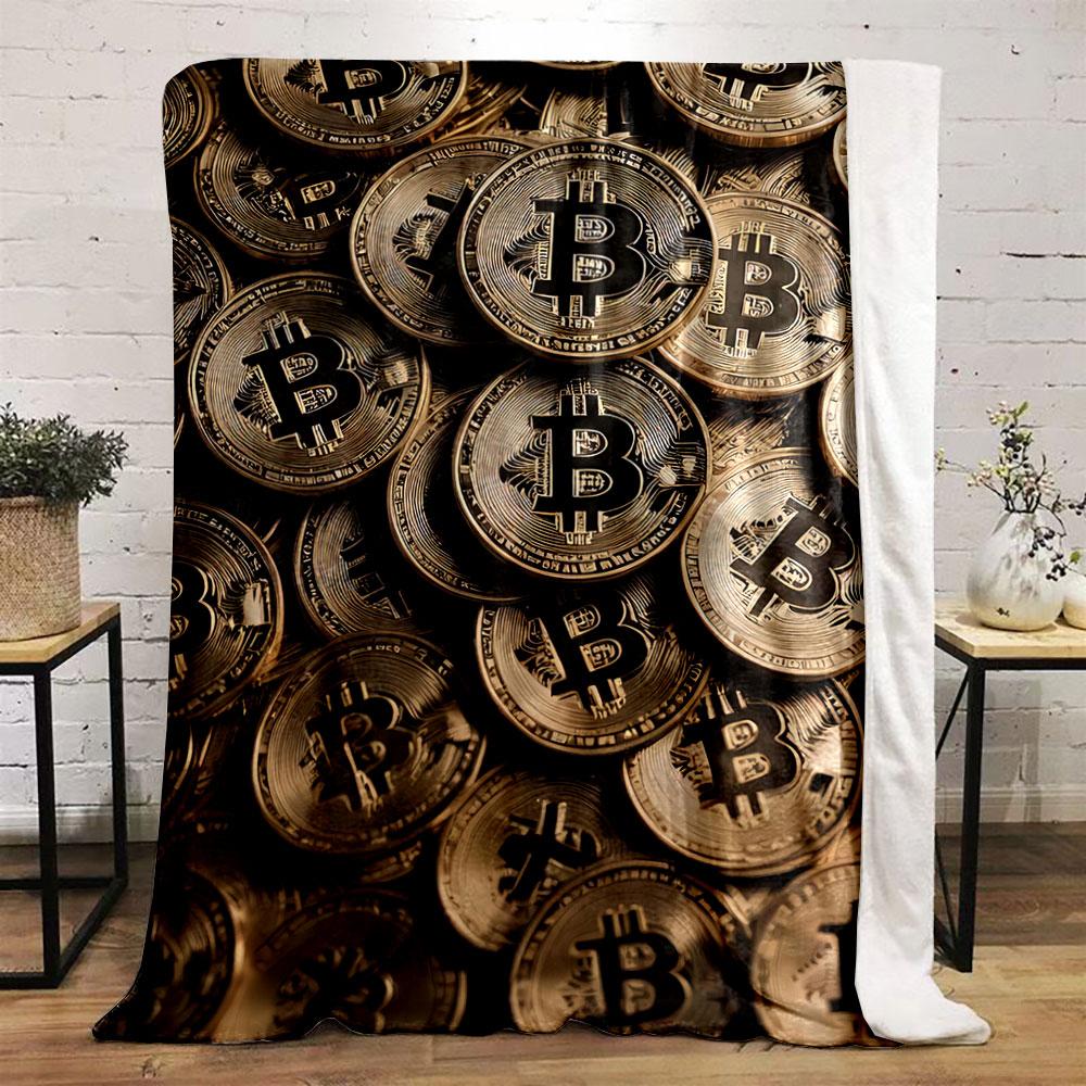 A pile of golden coins with Bitcoin symbols repeating across them. for all seasons blanket lunch break throw gift