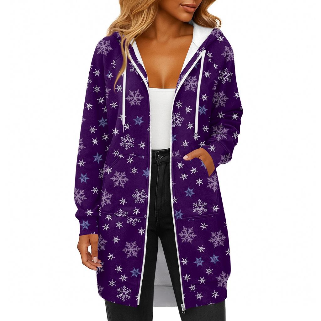 Women's Fashionable Christmas Printed Long Sleeved Drawstring Hooded Zipper Pocket Long Casual Sweatshirt Jacket