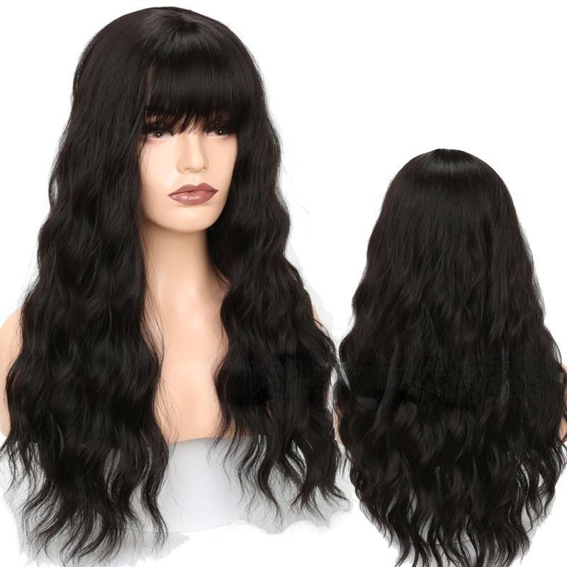 Женская мода с длинным вьющимся париком с челкой