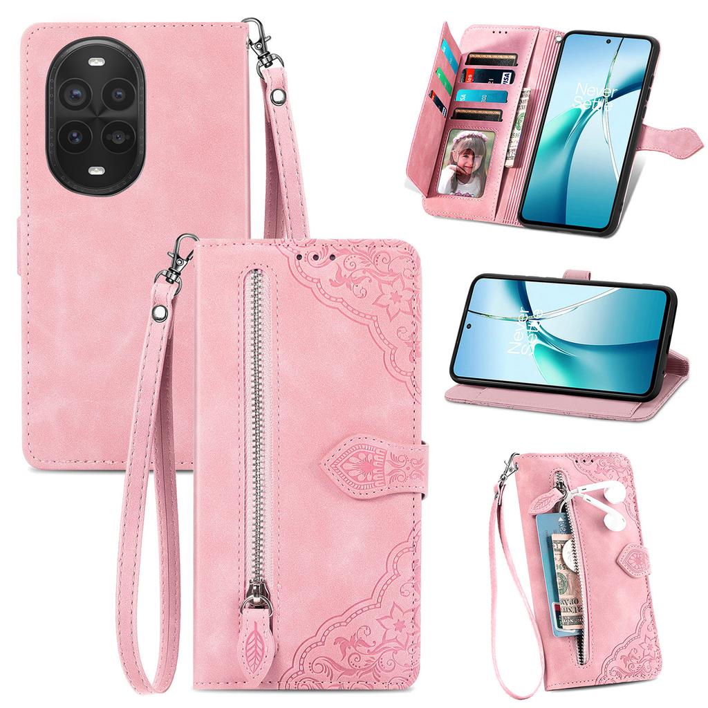 Чехол-кошелек на молнии для Huawei nova 13 Pro 5G с ремешком, с цветочным тиснением, из ПУ кожи, чехол для телефона