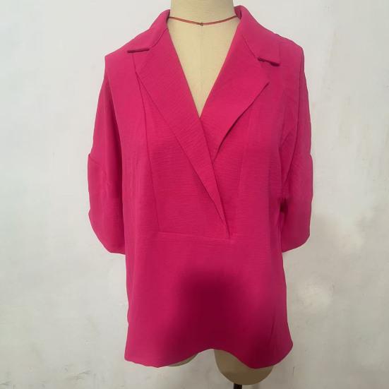 Women Shirt Loose Fit Lapel Half Sleeves Solid Color Pullover Tops Retro