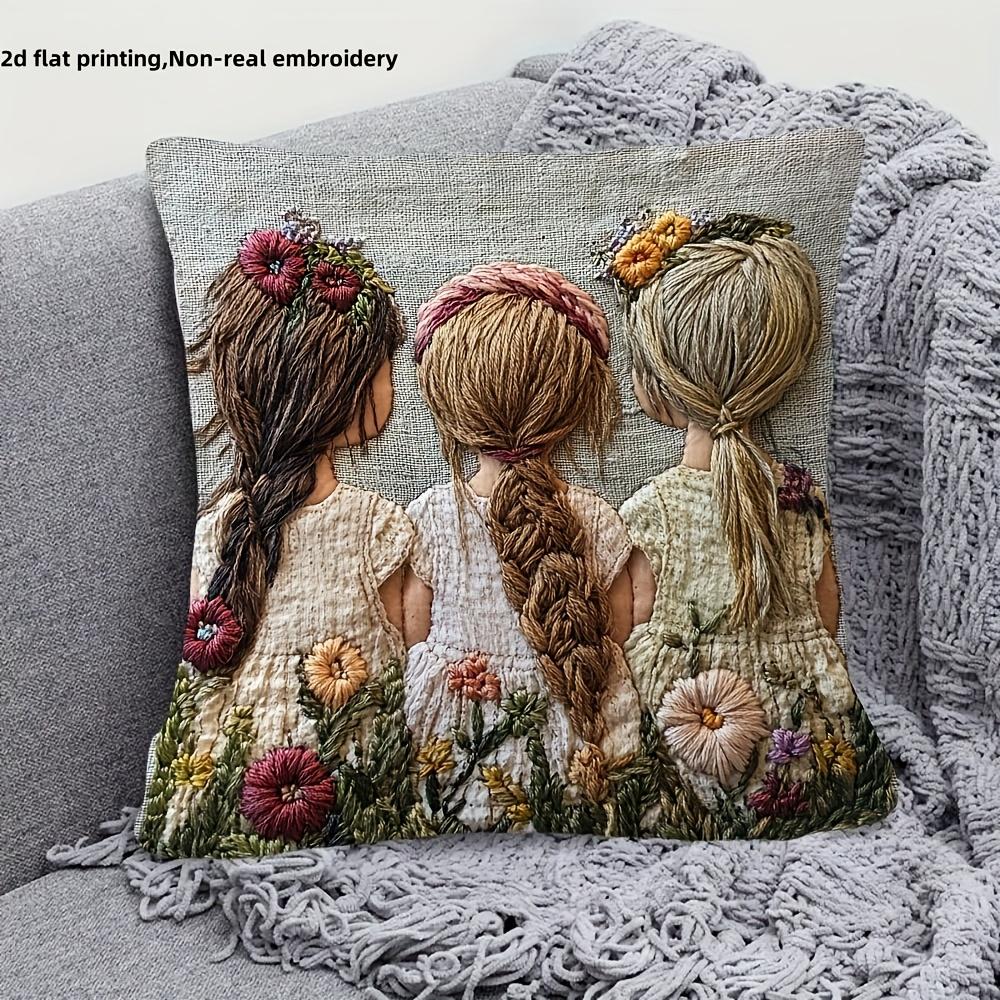 Three Girls Floral Pillow Cover 2D Embroidered Print Boho Friendship Wildflower Cushion Case For Sofa Bed Couch