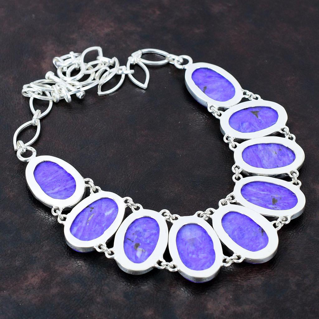 Ожерелье из драгоценного камня чароита, ожерелье из стерлингового серебра 925 пробы, регулируемое ожерелье-цепочка, серебряные украшения ручной работы, свадебный подарок, ожерелья с камнем по рождению