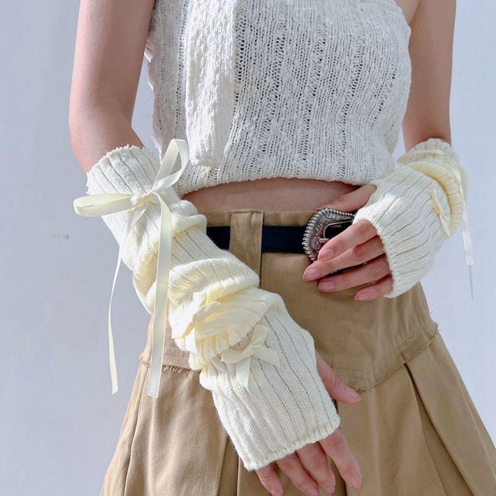 Бантик Балетный Стиль Бант Вязаные Митенки Эластичные Перчатки без Пальцев Y2K Теплые Рукава Лолита