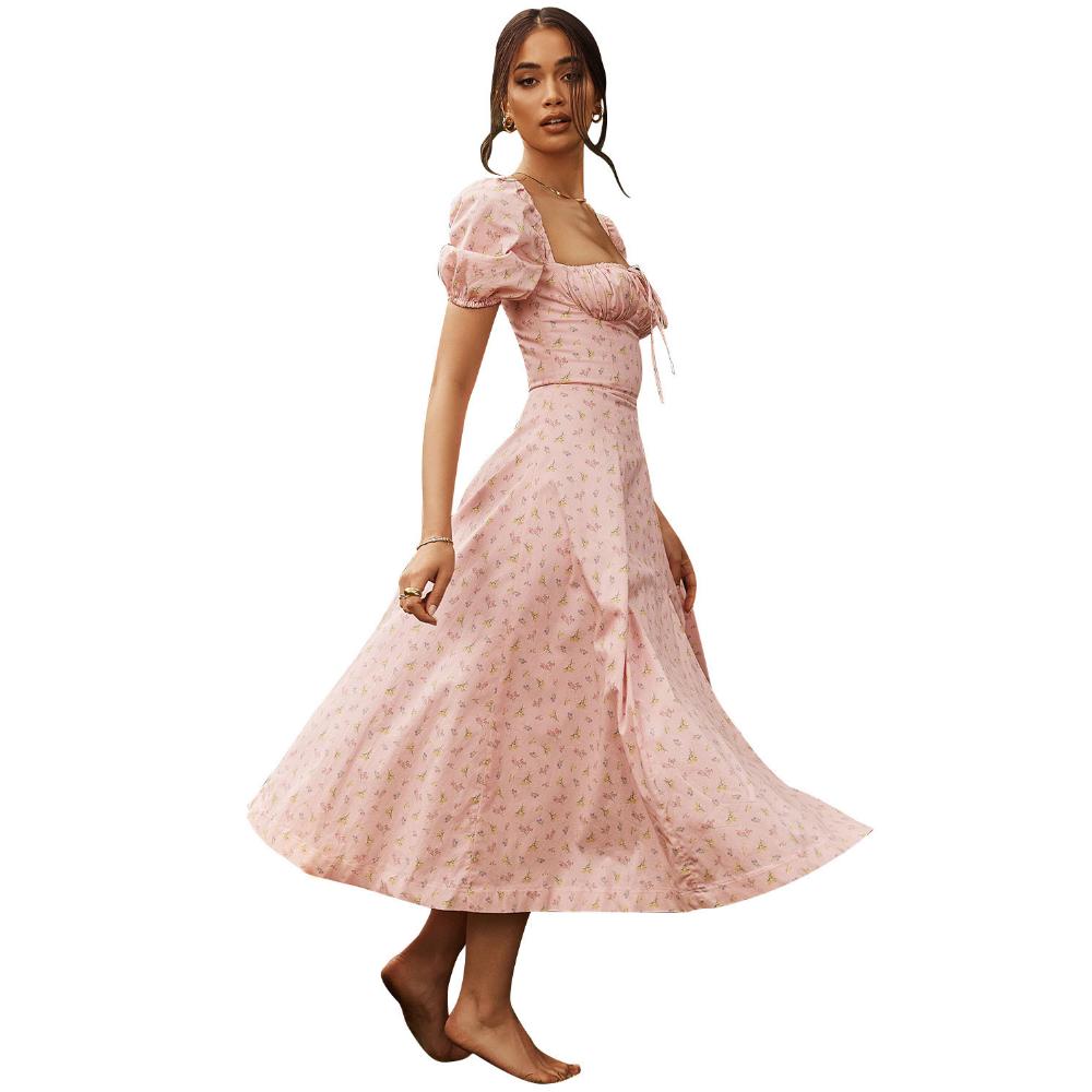 Летнее женское платье, модное длинное платье с пузырьковыми рукавами, U-образным вырезом и цветочными завязками