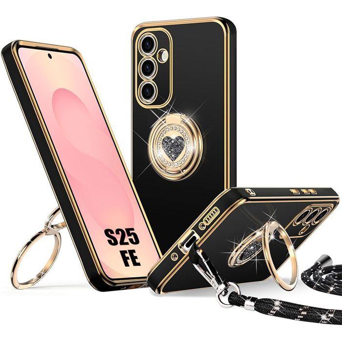 Case for Samsung Galaxy S25 FE, Slim Silicone Protection with Heart Pattern Ring and Lanyard - Black