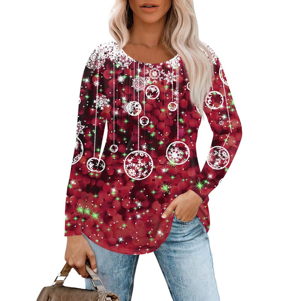 Женская повседневная футболка с круглым вырезом и длинными рукавами с рождественским принтом и складками