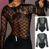 Women Rompers Fashion Casual Slim Lace Patchwork Long Sleeve Low Cut Underwear Plus Size S-3XL