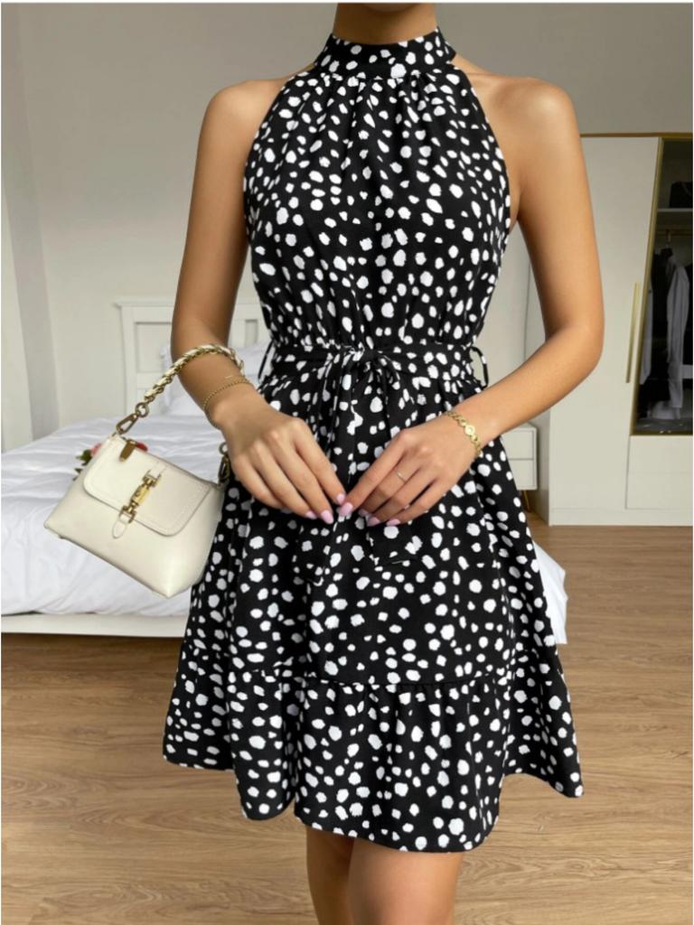 Halter Neck Round Dot Dress Lace Up Ruffle Edge Dress Sleeveless Chiffon Dresses Causal Women Dress