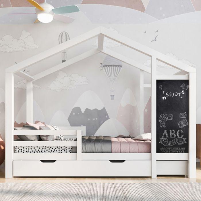 Детская кровать - MUVOE - 90 x 200 см - Массив дерева - 2 ящика - Защитный бортик