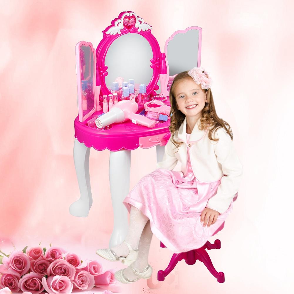 Glamorous Princess Dressing Table with Stool, Hair Dryer, Pink Make Up Table Toy