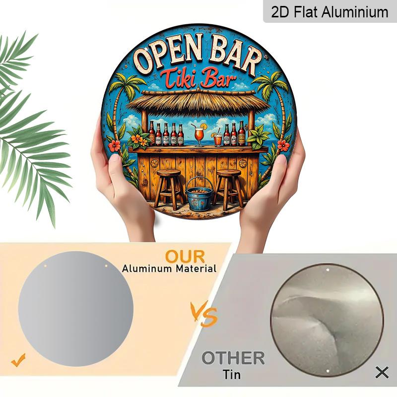 2D Flat - 1pc Vintage Tropical Beach Tiki Bar Metal Aluminum Sign, Aluminum Wall Art with Palm Trees, Cocktails & "Open Bar" Text - Vibrant Coastal