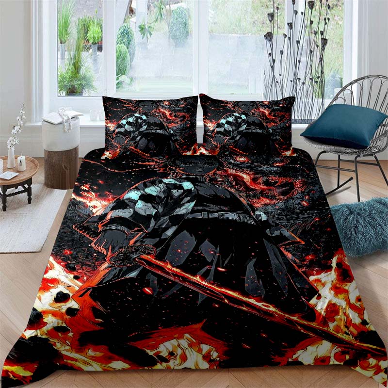 This Three-piece Anime Print (Kimetsu No Yaiba) Bedding Set—including A Duvet Cover and Two Pillowcases—is The Perfect Holiday
