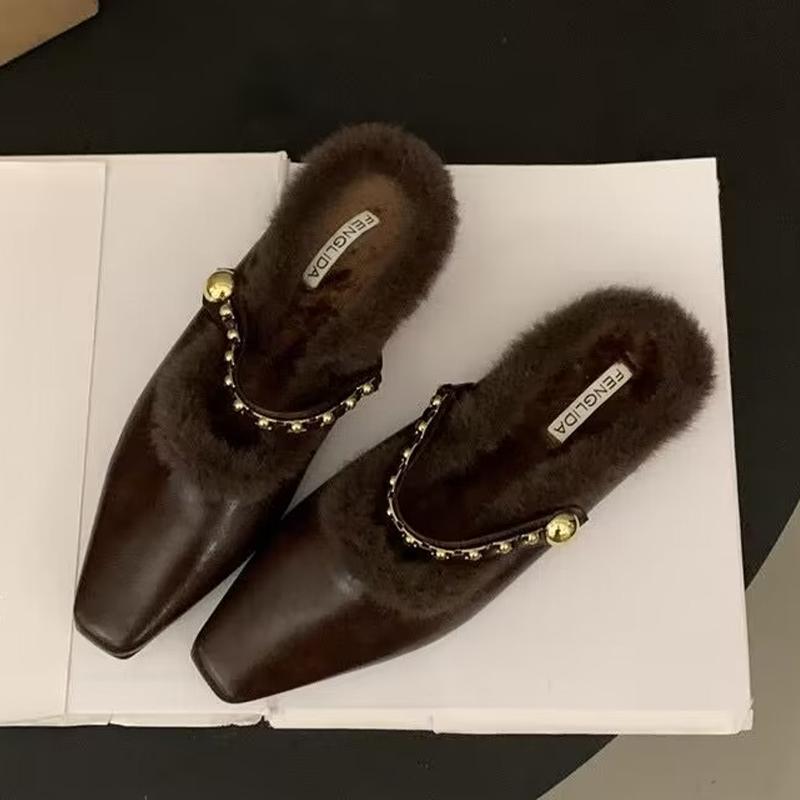 Меховые леопардовые женские мюли-тапочки с квадратным носком 2025 года, модные новые туфли на низком каблуке с открытой пяткой, зимняя обувь для активного отдыха Mujer Zapatos