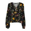 Easy Joy Black V-neck Blouse with Flowers Woman