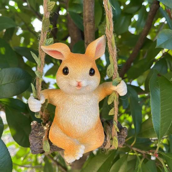 Hanging Swing Statue Resin Craft Rabbit Ornament with Imitation Rattan Rope Tree Stump Base Small Portable Home Garden Decoration