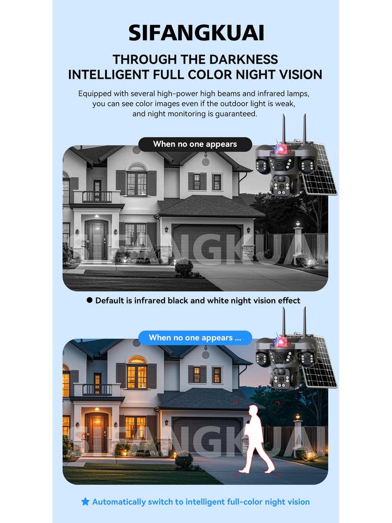 V380 Solar-Powered 4G Three-Lens Security Camera with Mobile Remote Monitor