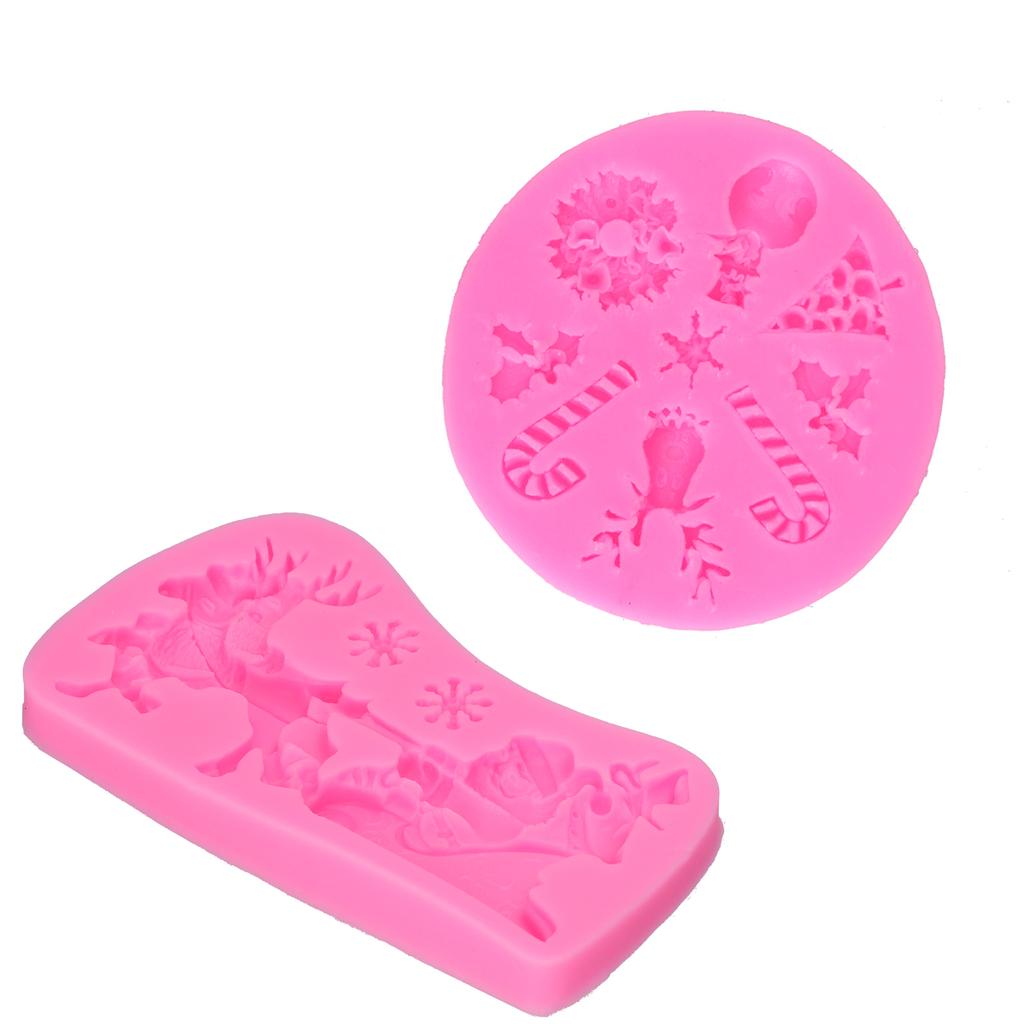 2Pcs Silicone Mold Nonstick Washable High Temperature Resistant Flexible Santa Elk Shape Christmas