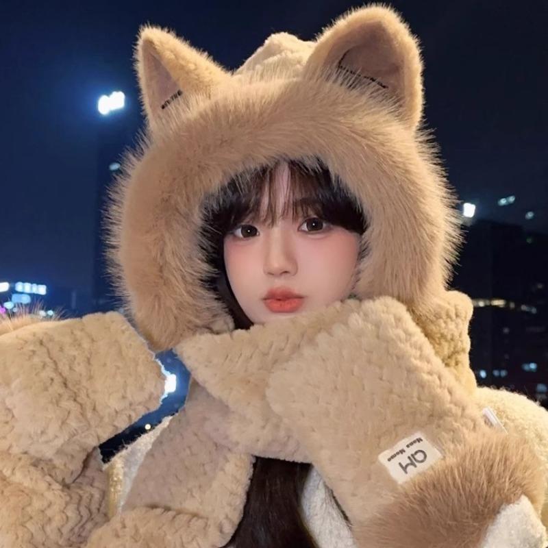 Плюшевая шапка с лисьими ушками, шарф, интегрированный, женский осенне-зимний новый милый комплект из трех предметов: перчатки, тепло.