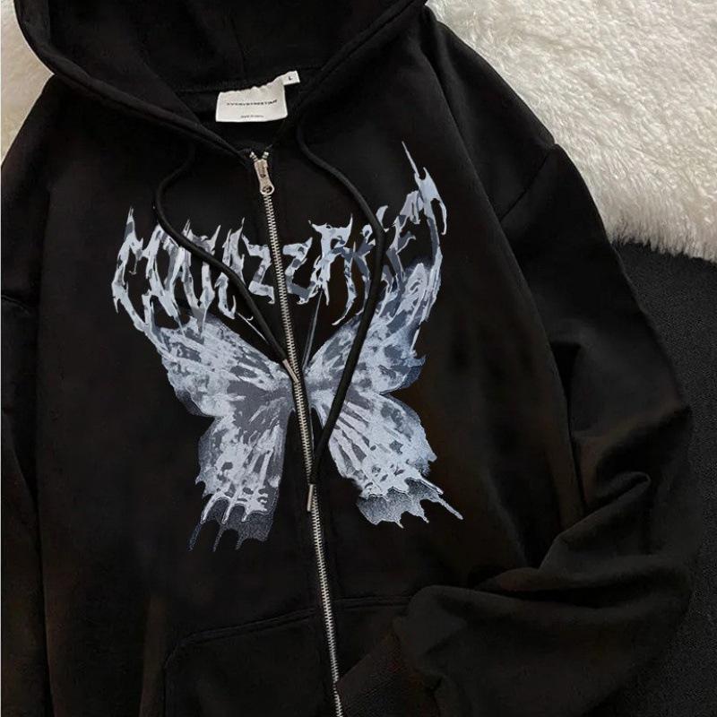 European-Style Women's Hooded Zipper Cardigan Sweatshirt with Letter and Butterfly Print, Plus Velvet