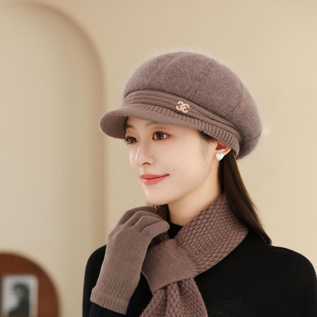 Плюс Бархатная Теплая Шапка-Ведро Вязаная Шапка-Рыбак Шарф Защищающий от Холода для Пожилой Бабушки Тренд Осенне-Зимней Шапки