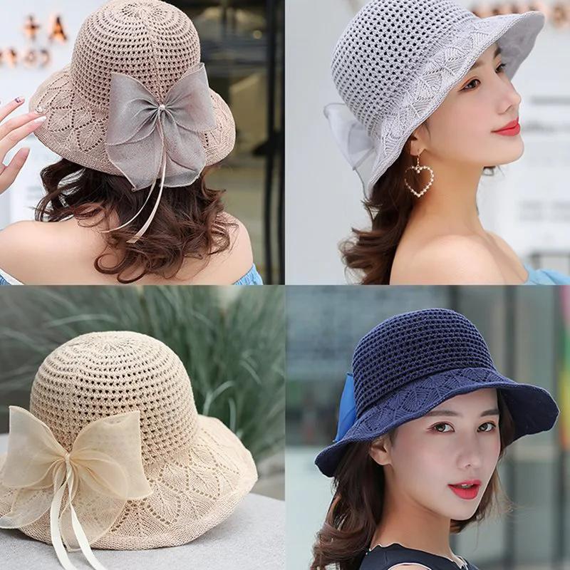 WTEMPO Spring Summer Mesh Bow Breathable Hollow-out Sun Hats Women's Solid Color Simple Elegant Foldable Sun Hats