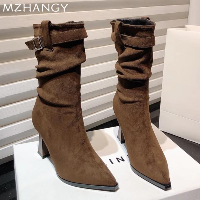 Модные женские ботильоны с острым носком, замшевые туфли на высоком каблуке, женская обувь 2025 года, зимнее элегантное платье, новые туфли-лодочки, ботинки челси, женские ботинки